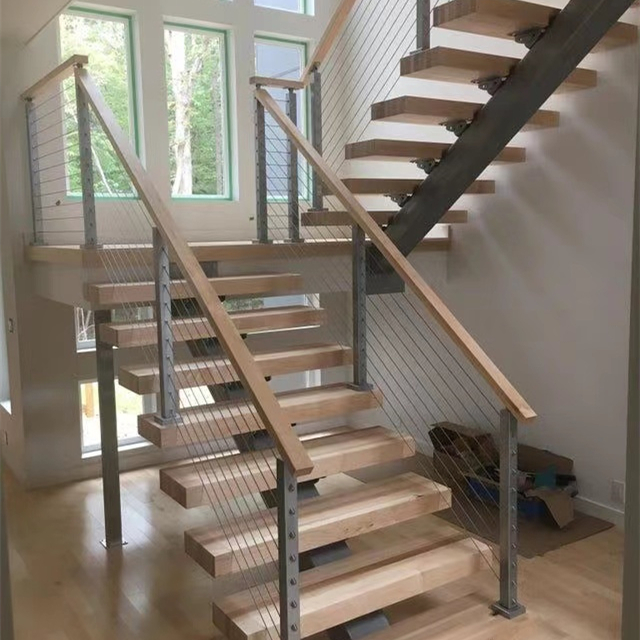 Modern Indoor Cable Railing Staircase With Timber Treads - Image 2