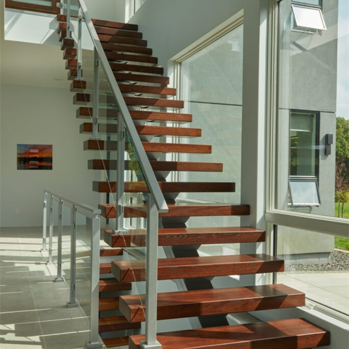 Stainless steel post glass railing indoor straight staircase - Image 4