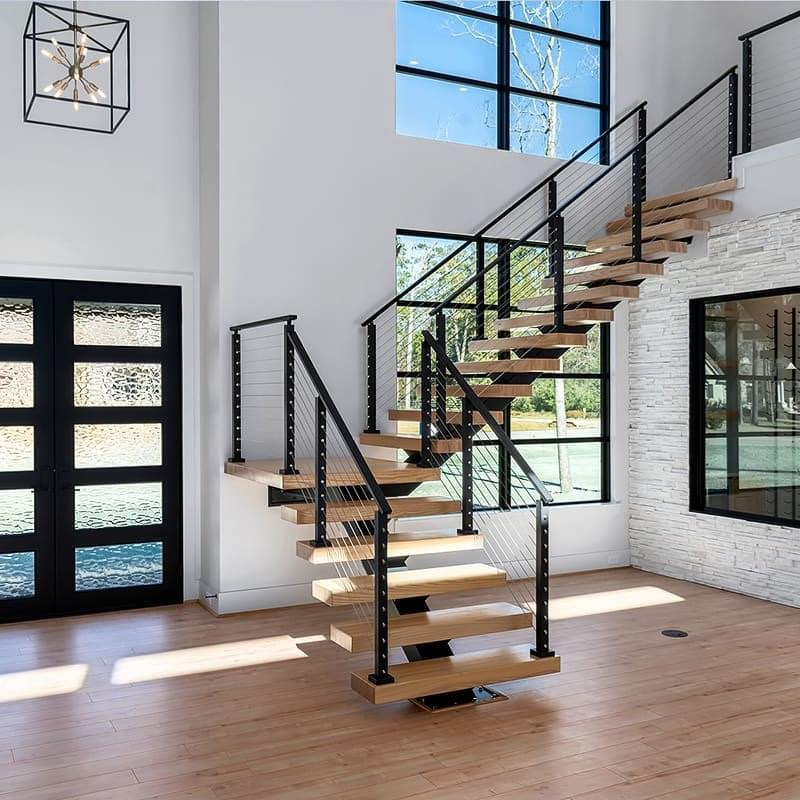 Modern Indoor Cable Railing Staircase With Timber Treads - Image 3