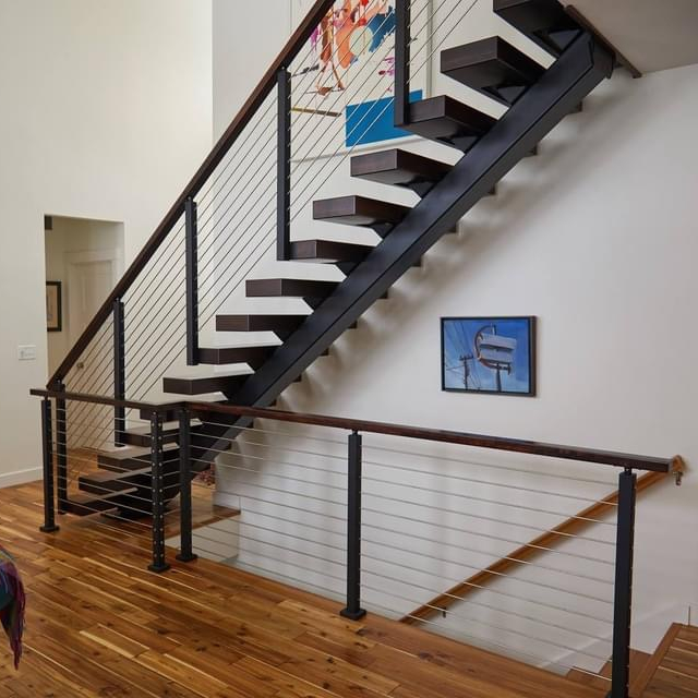 Modern Indoor Cable Railing Staircase With Timber Treads - Image 4