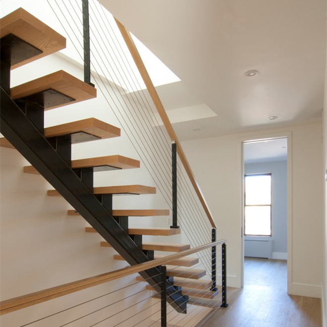 Modern Indoor Cable Railing Staircase With Timber Treads
