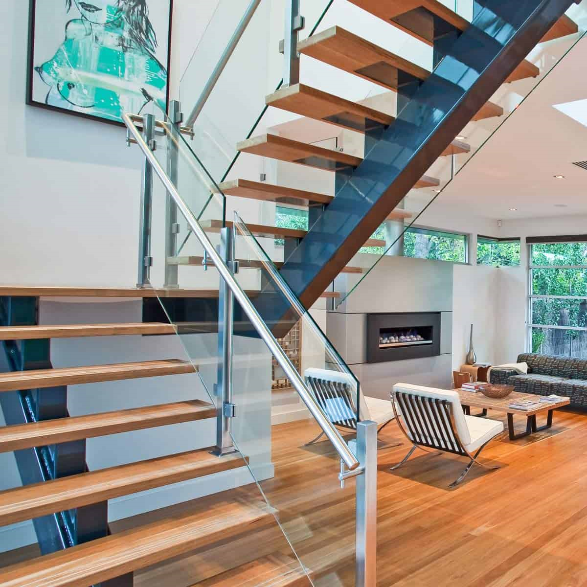 Stainless steel post glass railing indoor straight staircase - Image 3